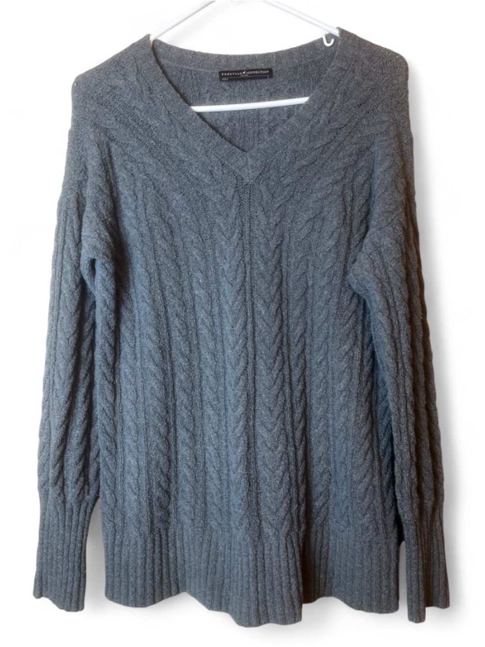 Peruvian Connection Grey Pima Cotton Cable Knit V Neck Sweater Size S
